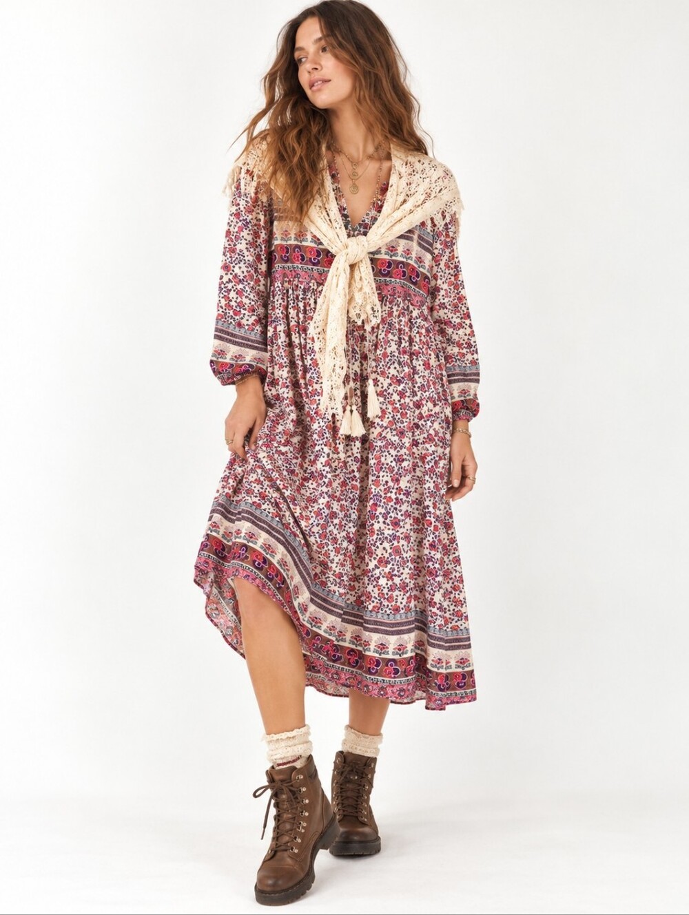 R Vioimos Boho Pink Floral Midi Dress Feminine Style